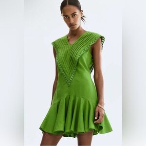 H&M LINEN-BLEND SHORT GREEN DRESS